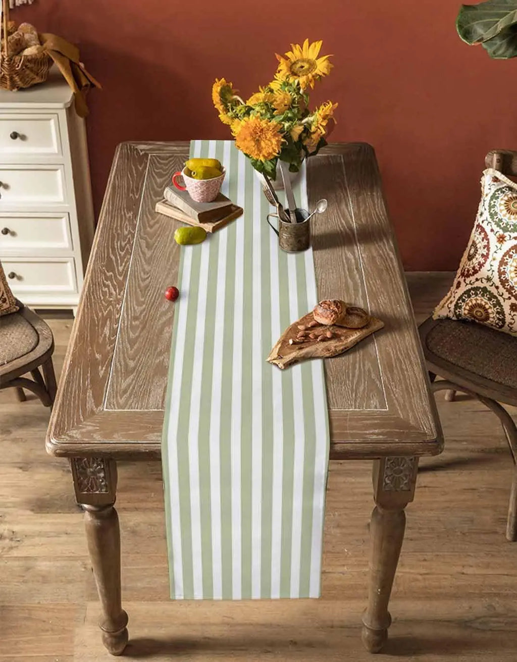 Sage Green Striped Linen Table Runner, Minimalist Country Style - view 4