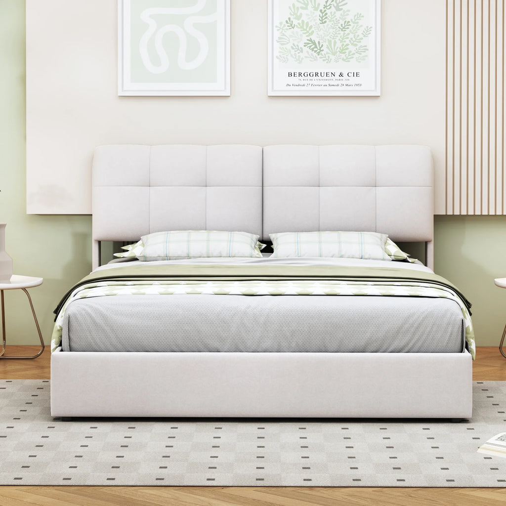 Double Bed with Storage Space,Upholstered Bed 140/160 x 200cm,Headboard with LED Lighting and USB Port,No Mattress,Velvet Beige - view 3