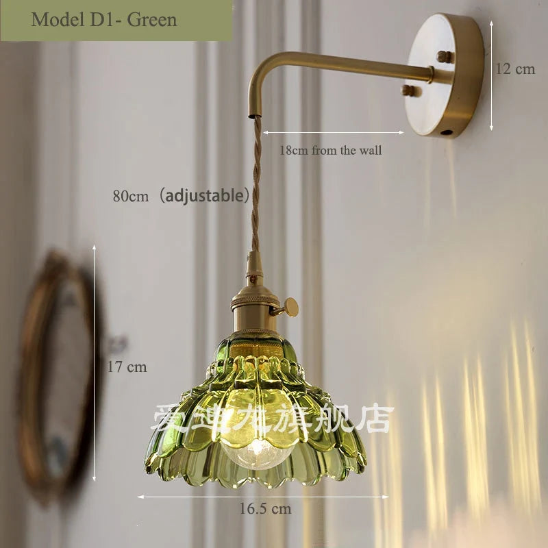 Vintage glass wall sconce with brass socket - D1