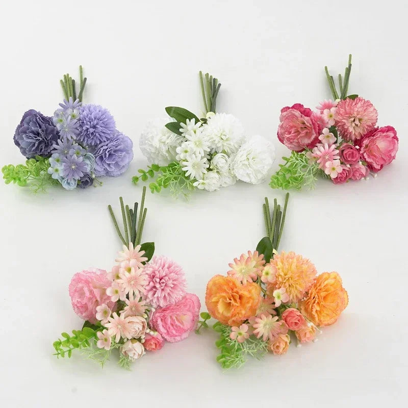 Bouquet of rose wines and silk carnations floral festive decoration
