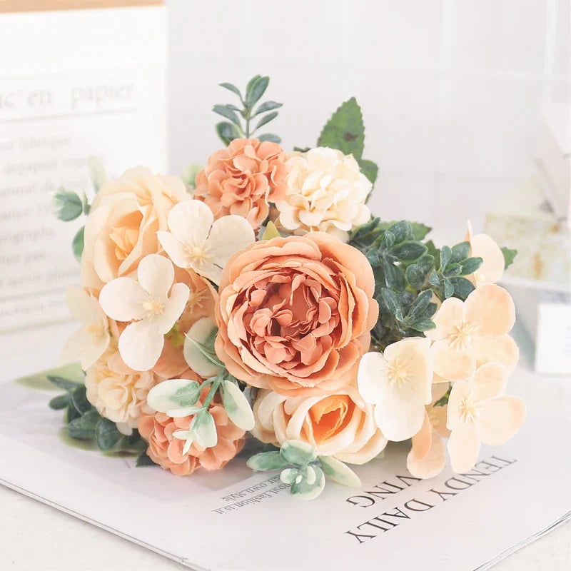 Artificial flowers silk peony hortensia decoration wedding bouquet - Autumn Yellow