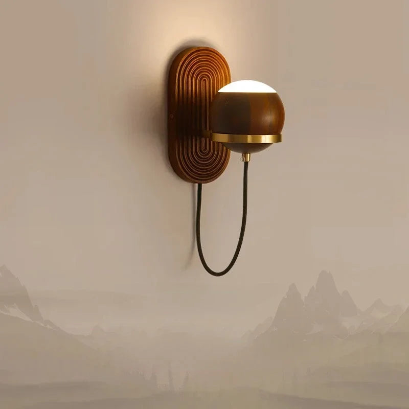 Walnut Wood Circular Sphere, Modern Wabi-sabi minimalist Wall Sconce light for Bedroom, Bedside, Living, Dining Room - view 3