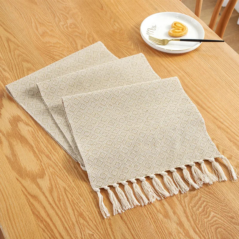 Embroidered Beige Linen Table Runner for Dining Room Decor - 32x160cm