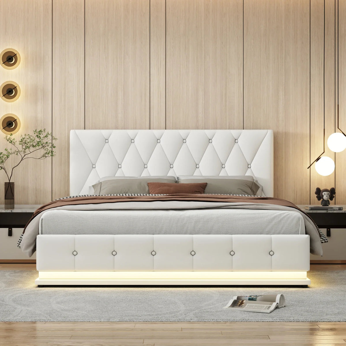 Upholstered Bed 140 x 200 cm with LED Lighting, Double Bed with Slatted Frame and Storage Space,No Mattresses - view 2