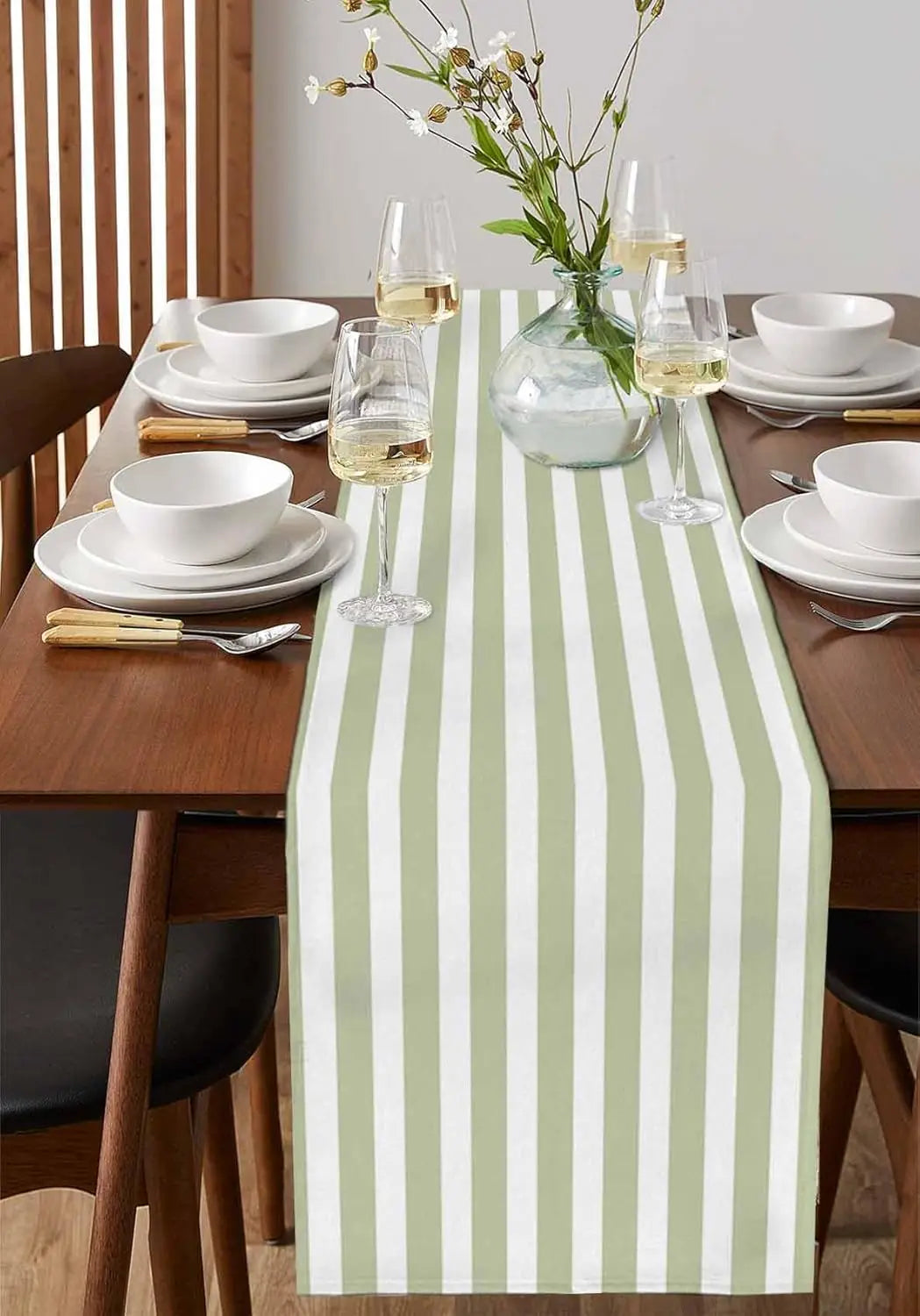 Sage Green Striped Linen Table Runner, Minimalist Country Style - view 3