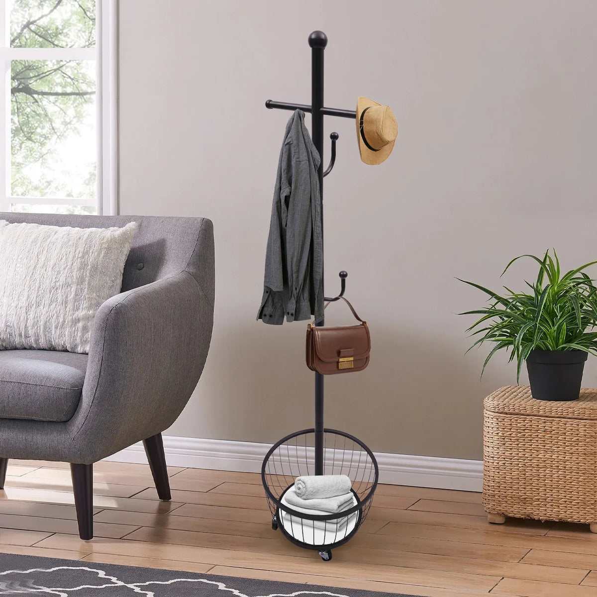Standing Coat and Hat Hanger Organizer Rack with Mobile Wheel, Entryway Coat Hanger Stand with Storage Basket, Chic Home Tools - view 2