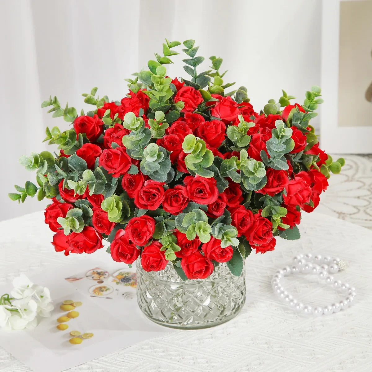 Set of 10 artificial rose wines bouquet with eucalyptus and decorative peonies - view 2