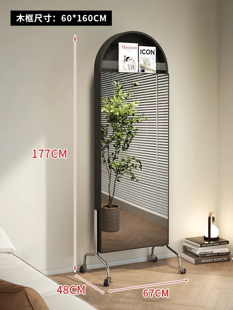 Adjustable solid wood full body mirror, magazine bookshelf mirror, floor standing retro with wheel fitting mirror - Black mirror door