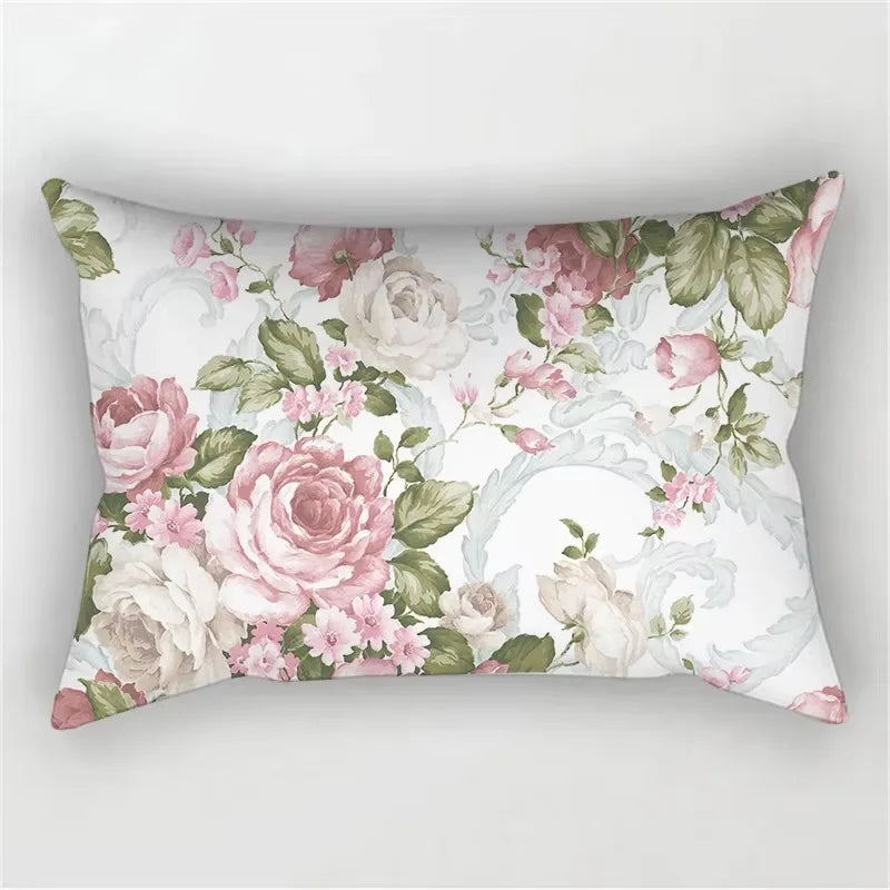 Rectangular throw pillow cover decorative red and pink rainbow flowers