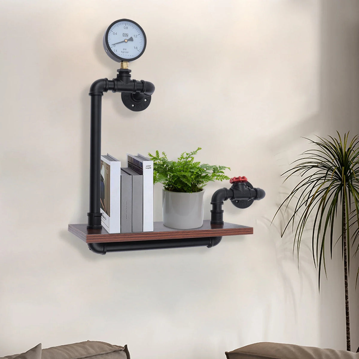 Retro wooden industrial style wall shelf for books