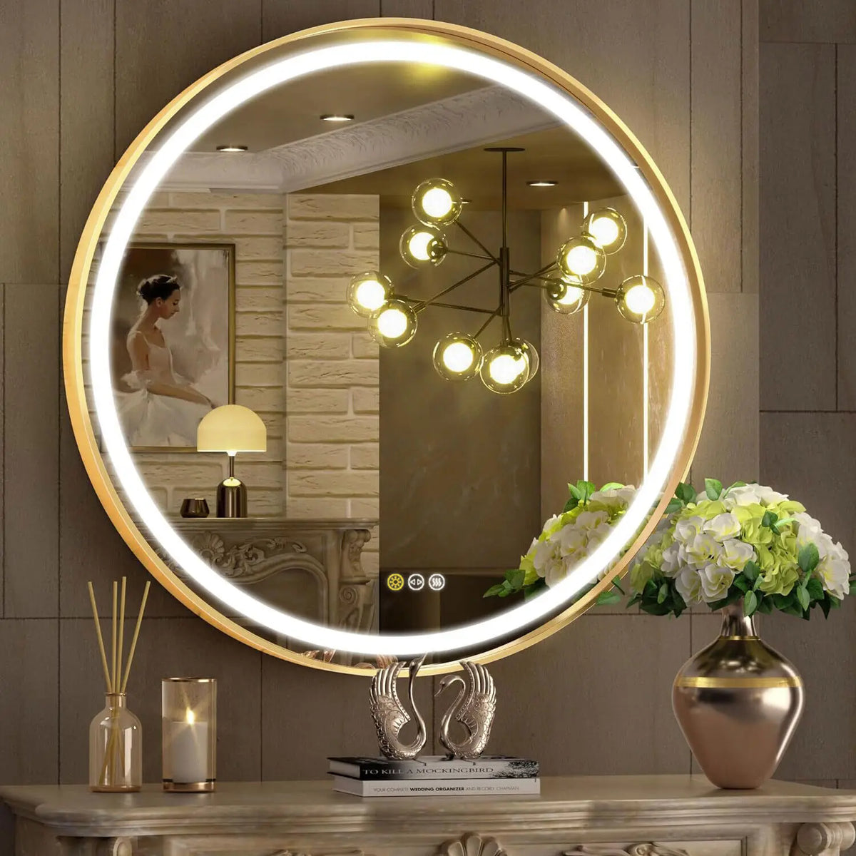 600mm Round LED Mirror Illuminated Lighted Wall Hanging Bathroom Mirror, Anti-fog, Golden/ Black Frame for Bathroom Entryway - view 3