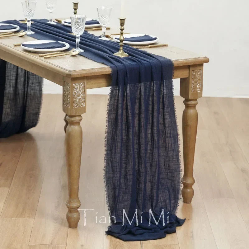 Vintage style cotton gauze wedding table runner - Navy blue / 40x200cm