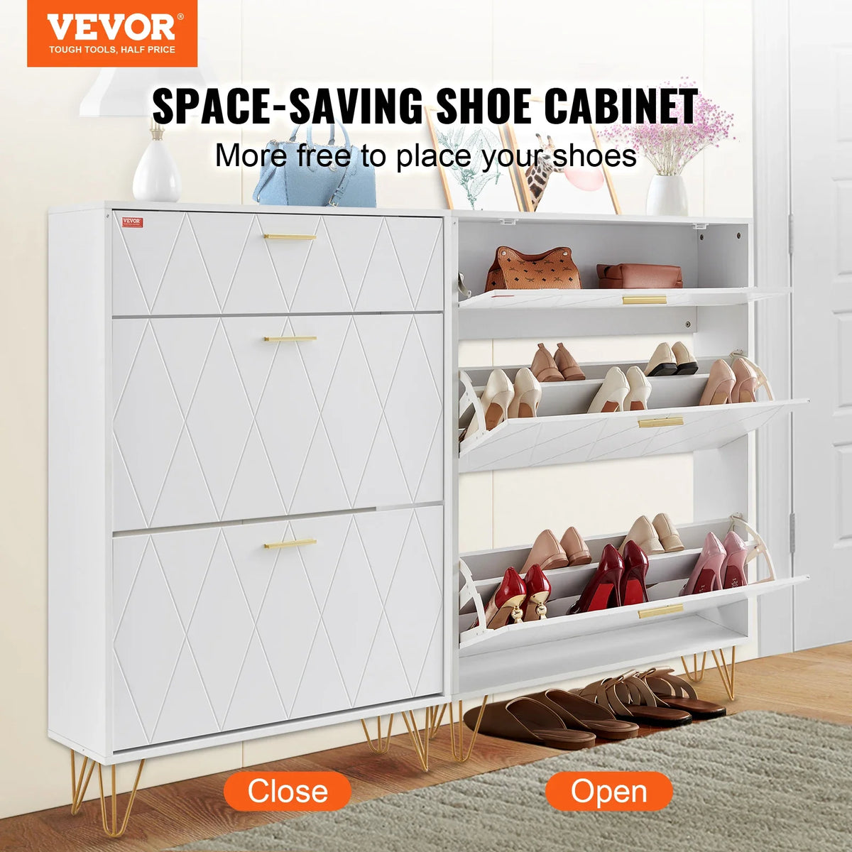 Shoe cabinet with folding drawers for self-contained storage - view 3