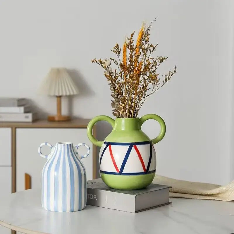 Double Ear Ceramic Vase, Abstract Black and White Striped Hydroponic Vase, Living Room Decoration, Room Aesthetic Decoration - view 3