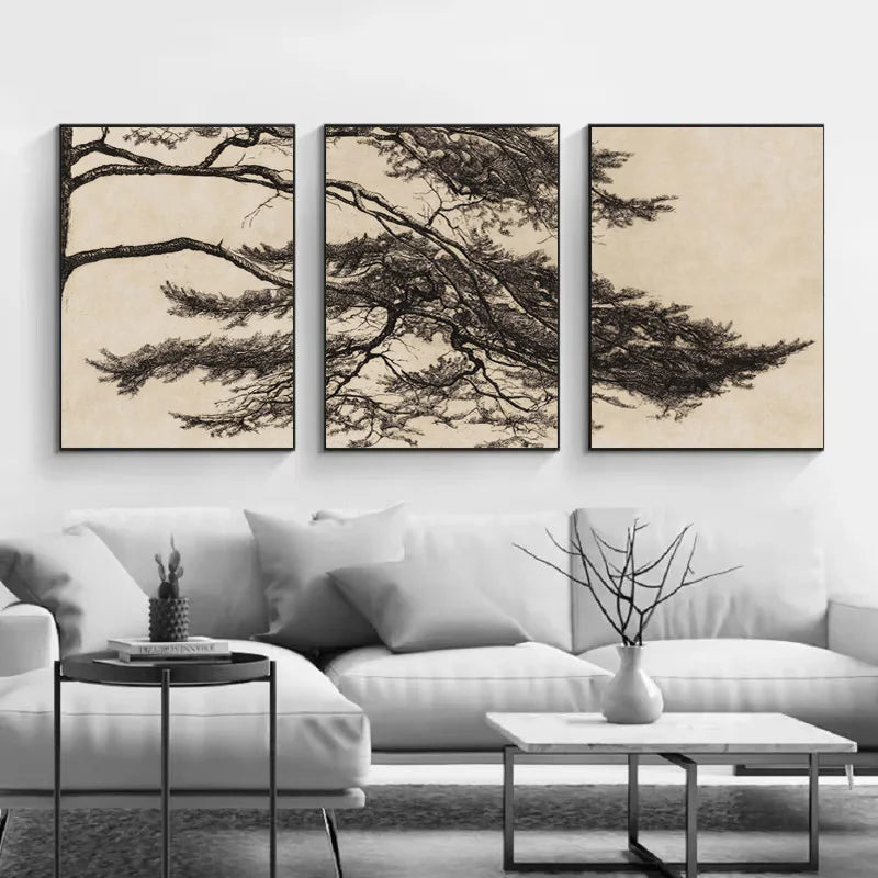 Vintage triptych rustic pine branch canvas wall decoration - view 5