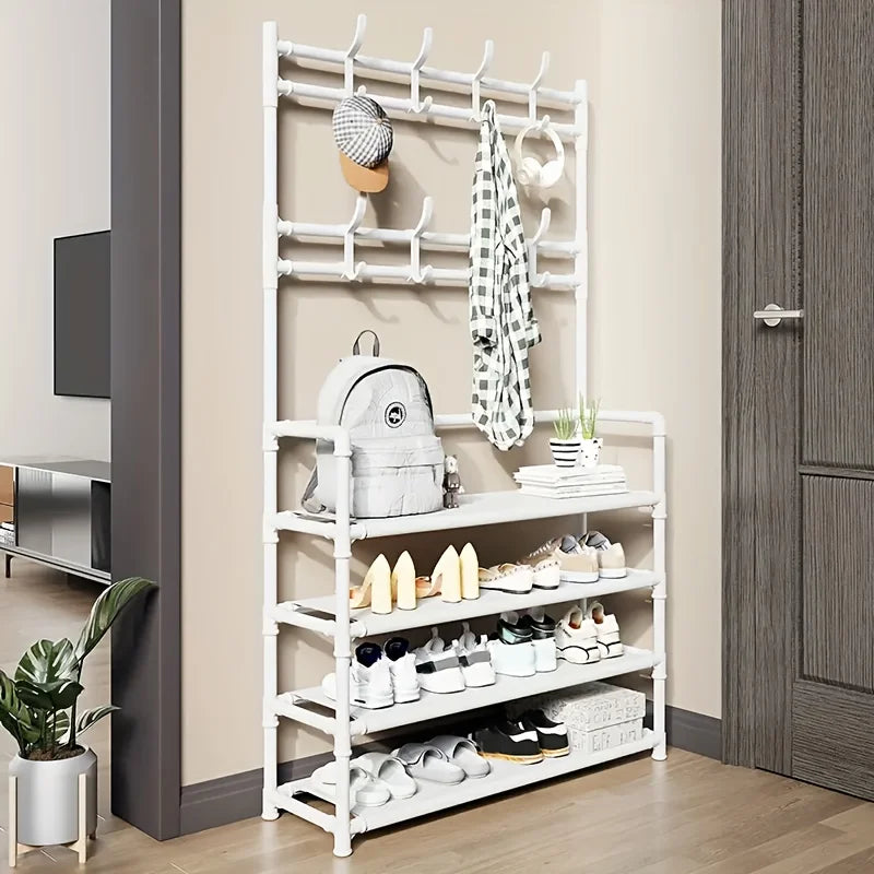 1 Piece 4/5 Ply 23" Carbon Steel, Multipurpose Clothes and Shoe Rack, Black/White, Self Assembly Required - Four Layers Of White