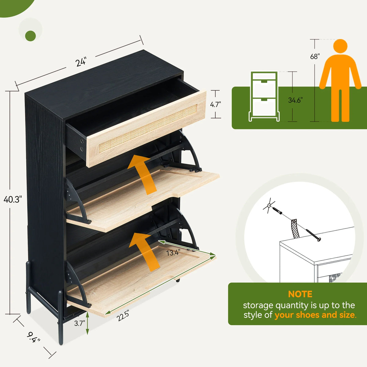 Natural Rattan Storage Cabinet with 2 Flip Door 1 Drawer Freestanding Entrance Shoe Cabinet, Modern Narrow Entry Way Cabinet - view 4