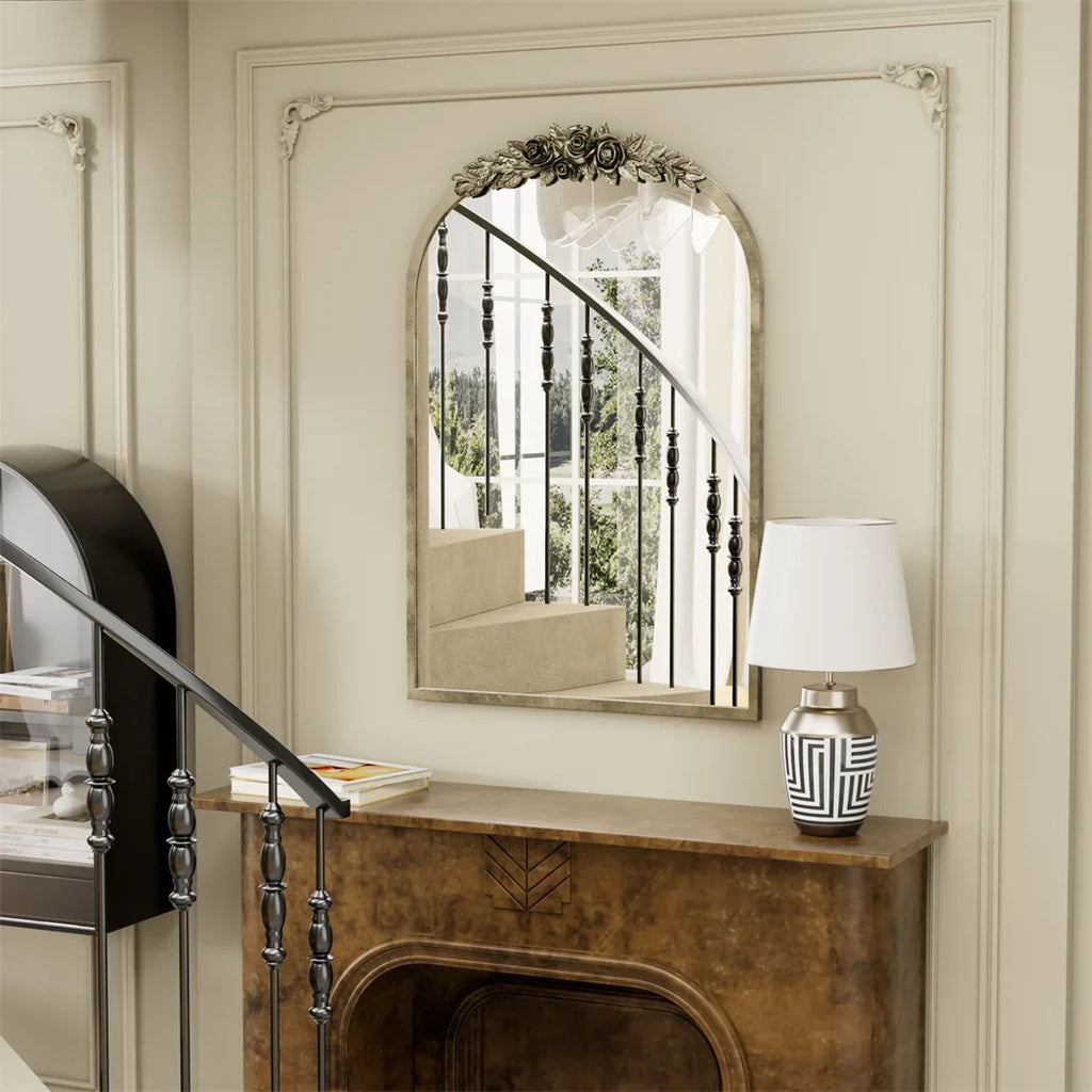 Antique Brass Arched Wall Mirror with Rose Accent for Fireplace - view 3