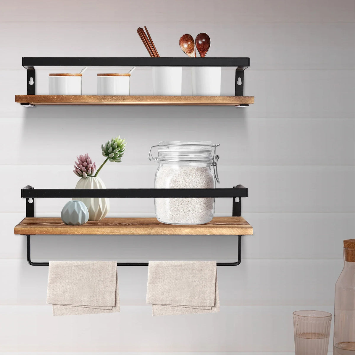 Wooden wall shelf with towel bar for practical storage - view 3