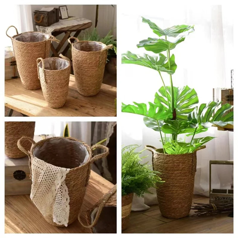Grass Woven Flower Basket Planter, Plants Weaving Basket, Vase for Home decor, Seagrass Flowerpot, Bride Dried Flowers Vin - view 3