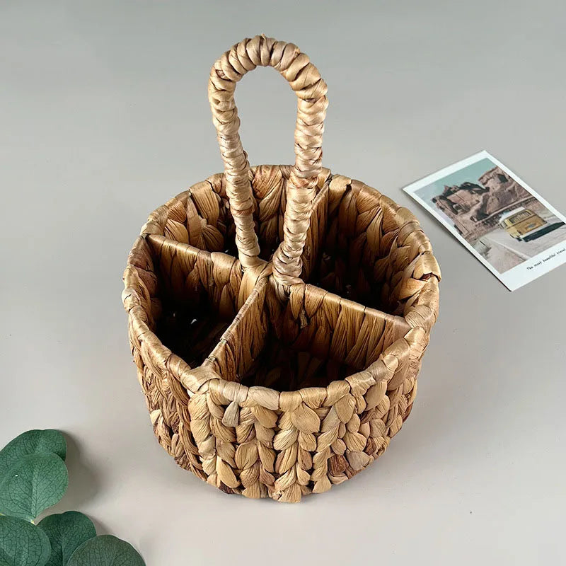 Wicker Flatware Organizer, Hand Woven Water Hyacinth Cutlery Holder for Countertop with Handle - view 5