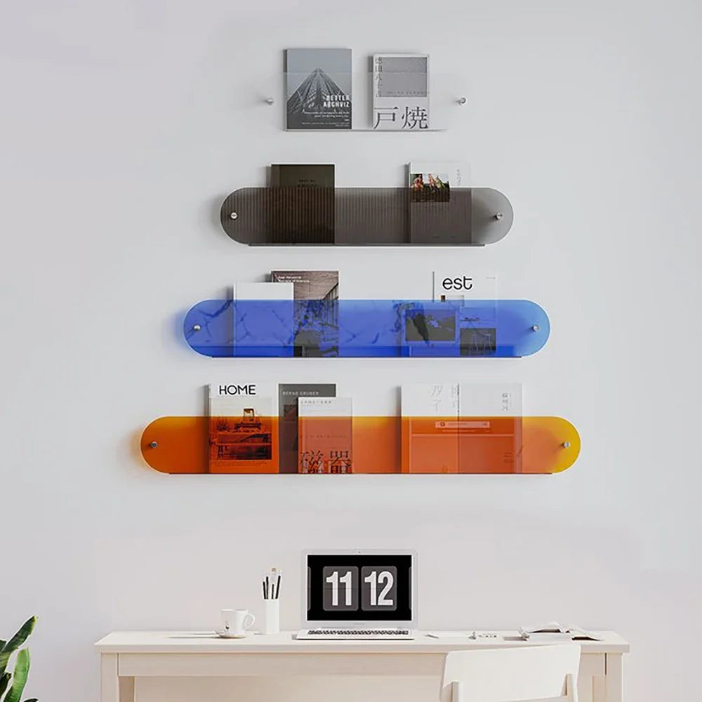 Floating acrylic wall shelf with magazine holder and literature organizer - view 3