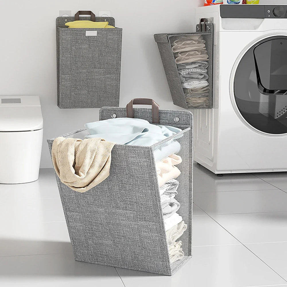 1pc Foldable Adhesive Laundry Basket Hamper, Multifunctional Punch Free Wall Hanging Washing Clothes Mesh Hook Organizer - view 3
