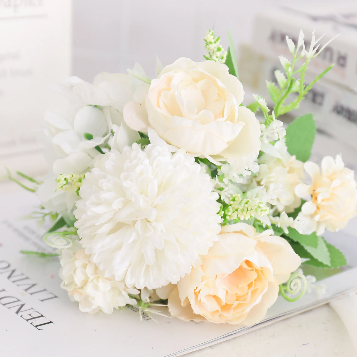Artificial flowers silk peony hortensia decoration wedding bouquet - White Yellow