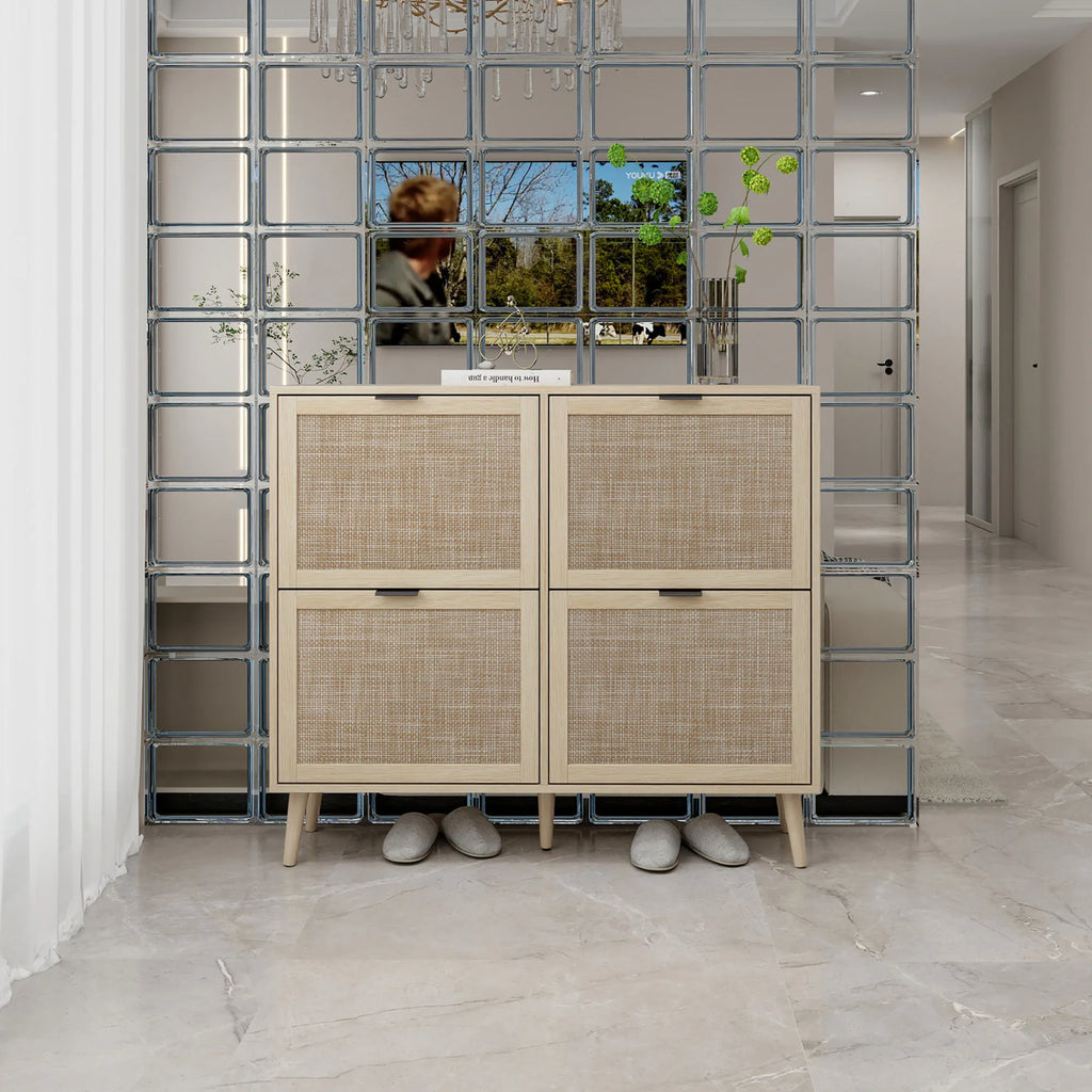 Shoe Cabinet Retro Country House Style, with 4 Rattan Flaps, Wooden Shoe Rack, Shoe Storage Chest for 20-36 Pairs of Shoes - view 2