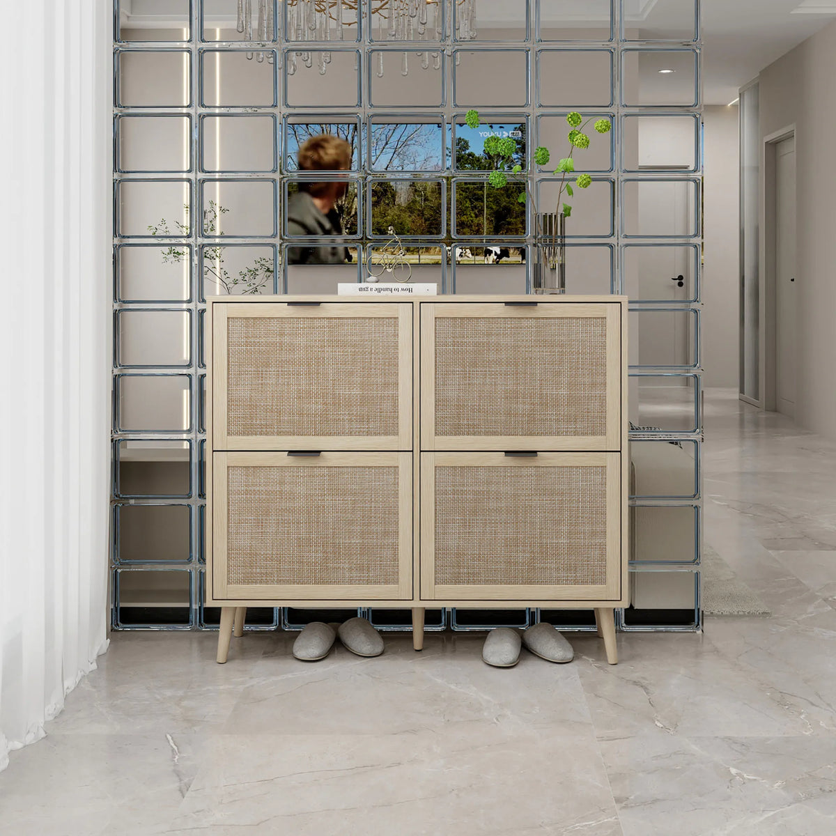 Shoe Cabinet Retro Country House Style, with 4 Rattan Flaps, Wooden Shoe Rack, Shoe Storage Chest for 20-36 Pairs of Shoes - view 2