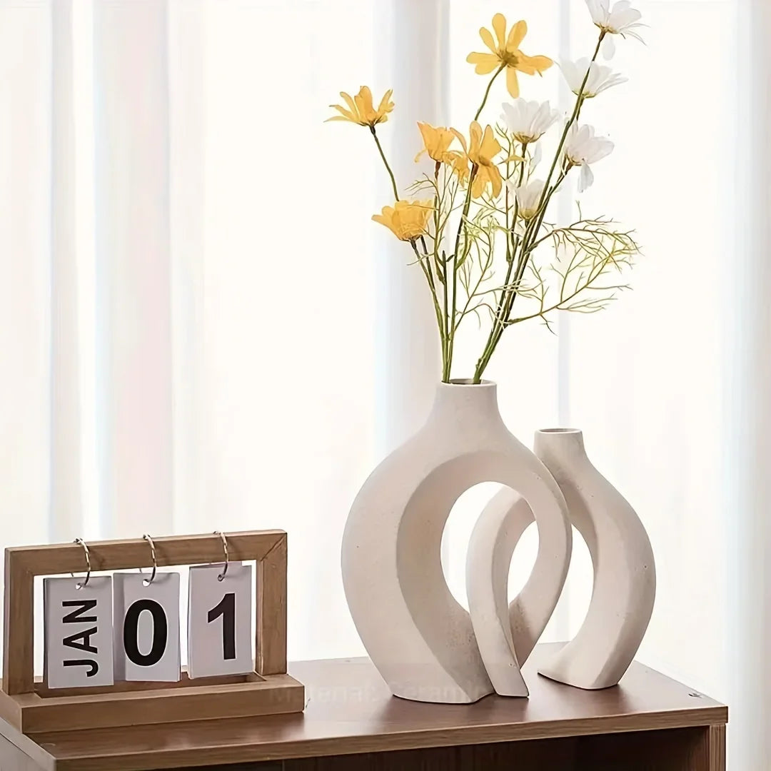 Hollow Nordic Modern Ceramic Vase Set of 2 for Modern Home decor,Modern Boho Hollow Flower Vases for Living Room Bookshelf - view 3