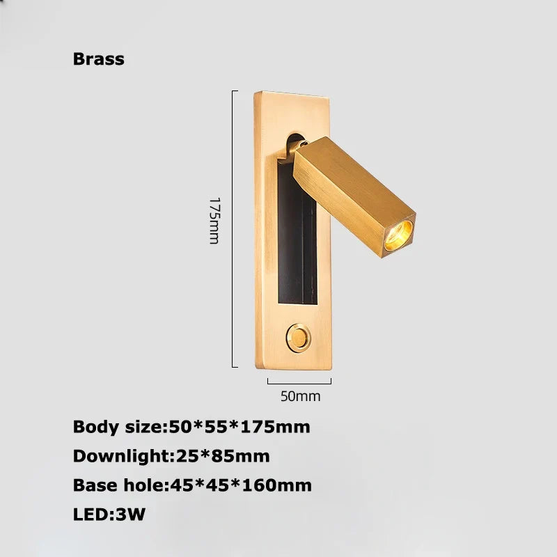 Black Brass LED Wall Spotlight with Switch and USB Port - Neutral light / brass
