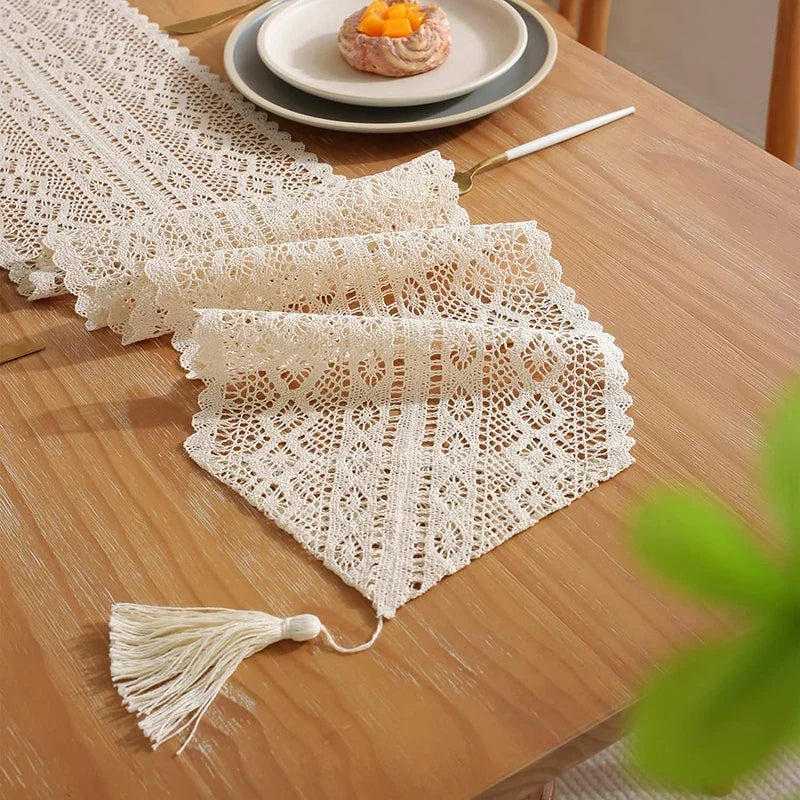Table runner lace crochet bohemian pom-poms beige - view 4