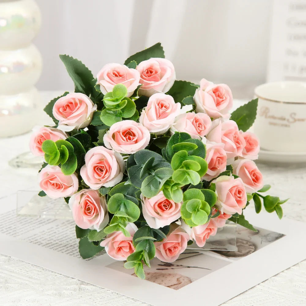 Set of 10 artificial rose wines bouquet with eucalyptus and decorative peonies - view 4