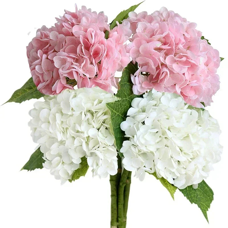 Set of 4 realistic artificial flowers of hortensia for decoration and wedding - 4 Pieces White Pink