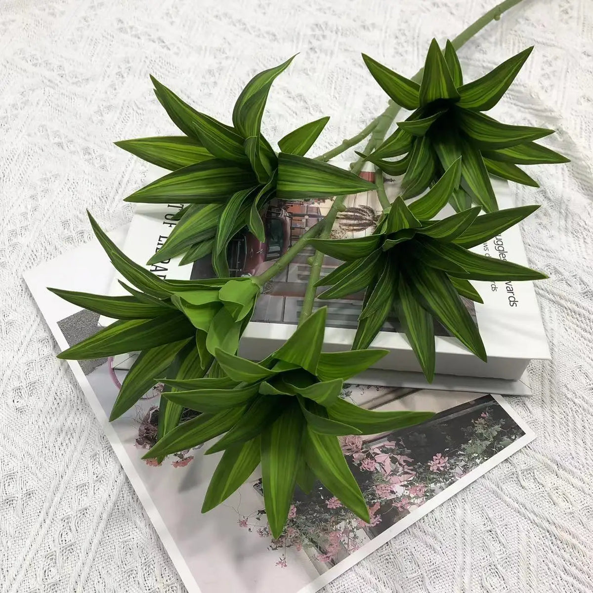 Tropical pot plant with palm and decorative bamboo - 82cm-green5 heads