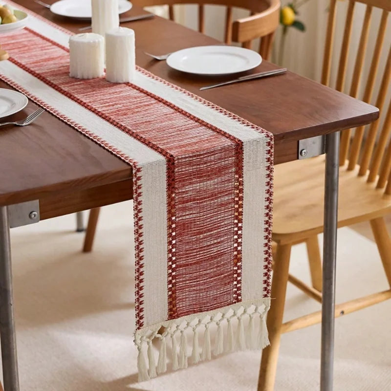 Green table runner stripes bohemian pom-poms - 30x50cm placemat