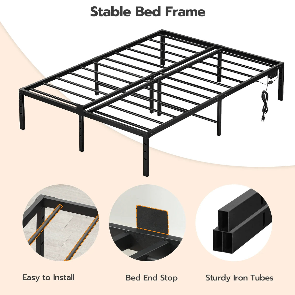 Wholesale Durable Bed Frames Queen Size Bed Base Full Size Double Twin Bedframe With LED Light Strip, Outlets And USB Ports - view 6