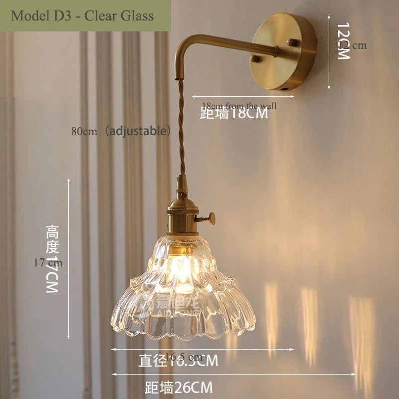 Vintage glass wall sconce with brass socket - D3