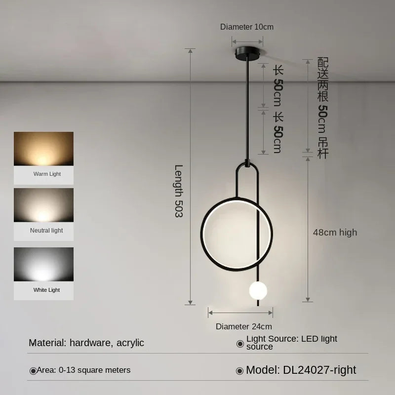 Modern pendant light with golden ring and Nordic minimalist lighting - Black Right / Warm Light