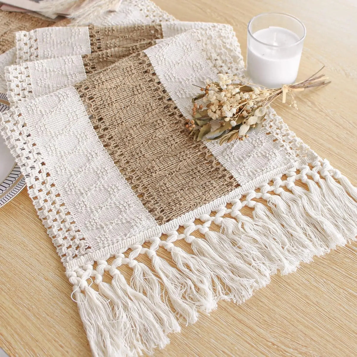 Structured Beige Geometric Table Runner with Pom-Poms - view 3