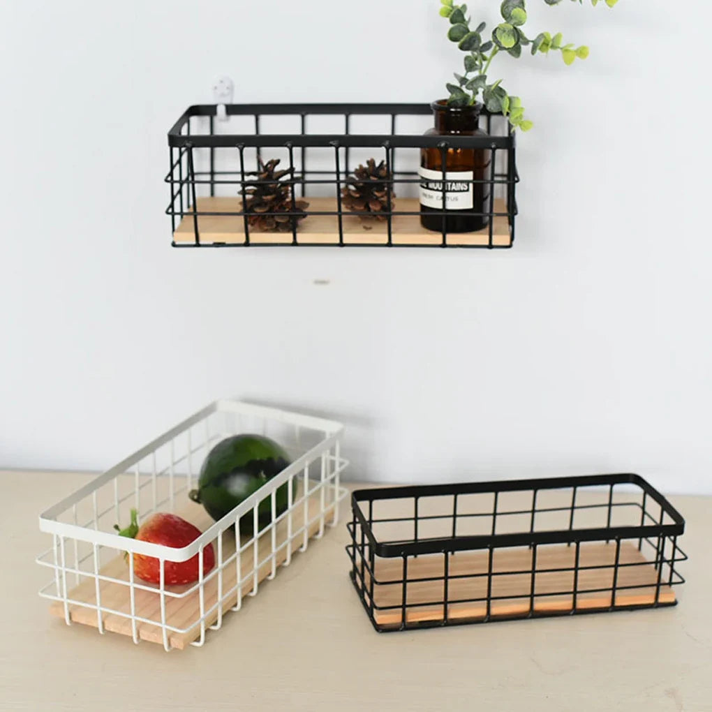 Hanging storage basket in metal and wood for cosmetics - view 3