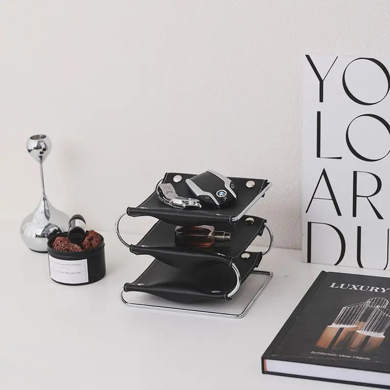 Multifunction storage holder in leather and stainless steel - view 5