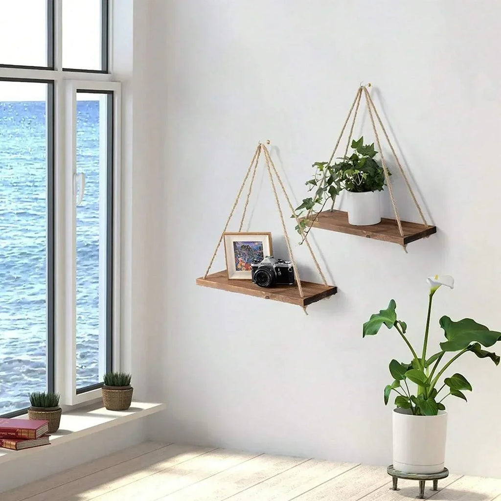 Hanging wooden swing with hemp rope for plants and storage - view 5