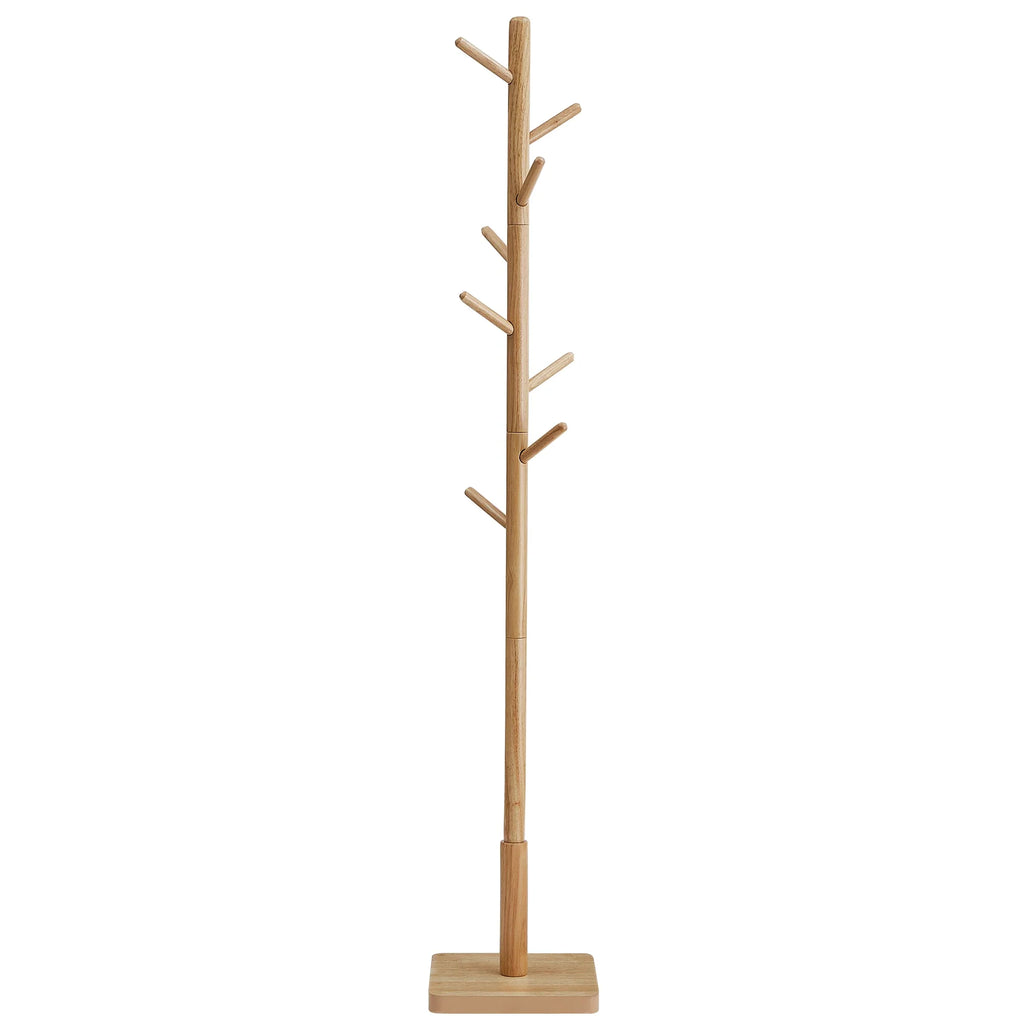VASAGLE Coat Rack, Solid Wood Coat Stand, Free Standing Hall Coat Tree with 8 Hooks for Coats, Hats, Bags, Purses, for Entryway - Khaki