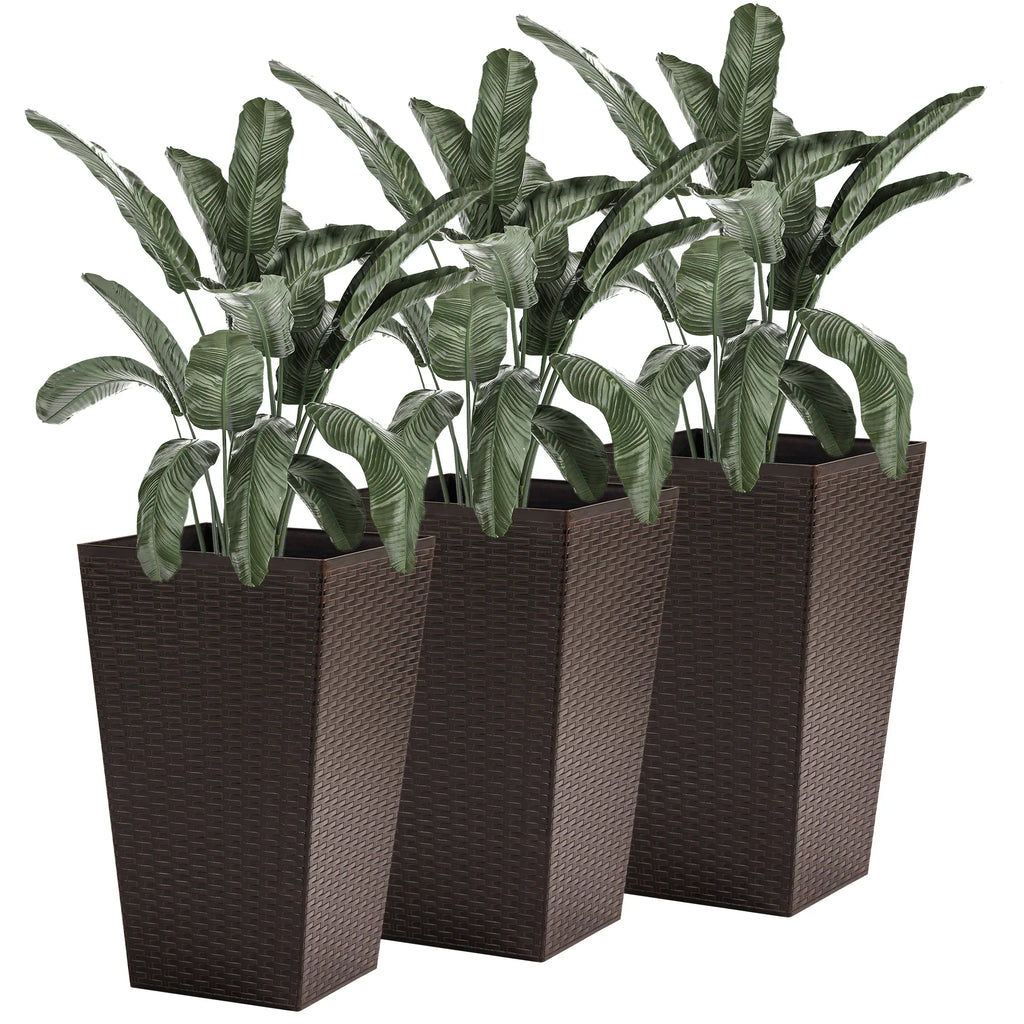 Outsunny Set of 3 Square Pots for Plants Flowers 3 Pot Mat Effect of Smile Rattan for Garden Terrace 36,5x36,5x61cm - Brown / 36.5x36.5x61 cm