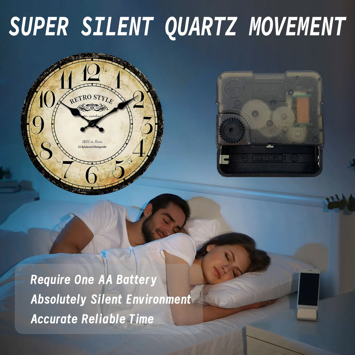 1pc retro wooden wall clock, wall clock designed by Paris watchmaker, non-ticking round silent clock, suitable for living room b - view 4