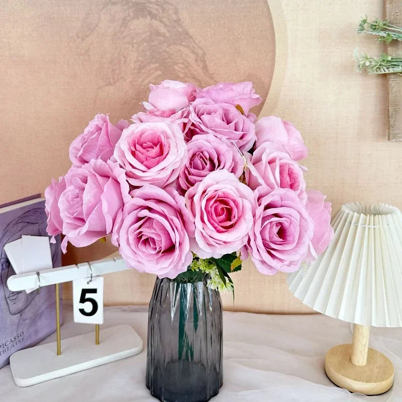Artificial Silk Rose Bouquet with Plastic Stem, Purple Heart Tones - view 3