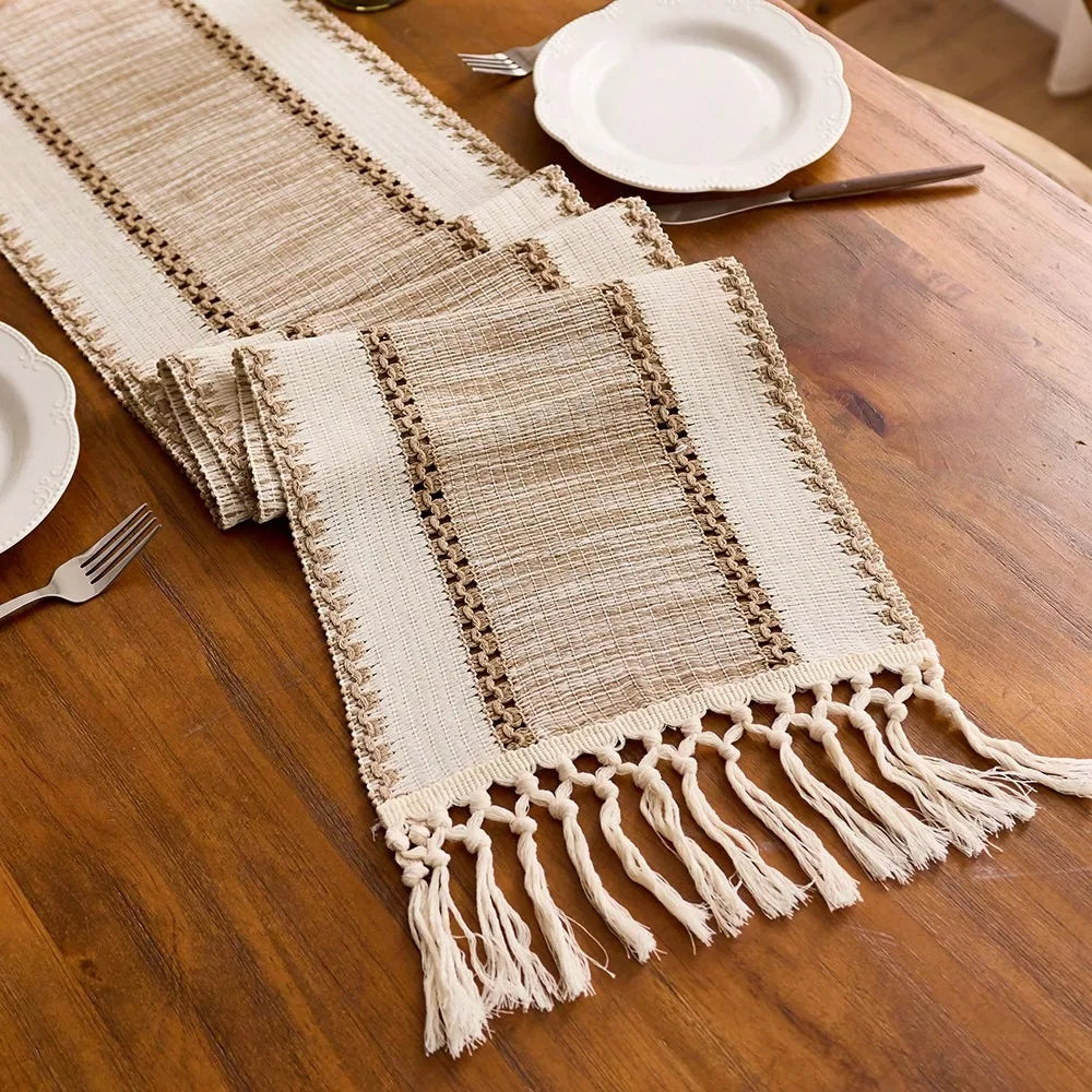 Green striped table runner bohemian hand woven pom-poms - view 4