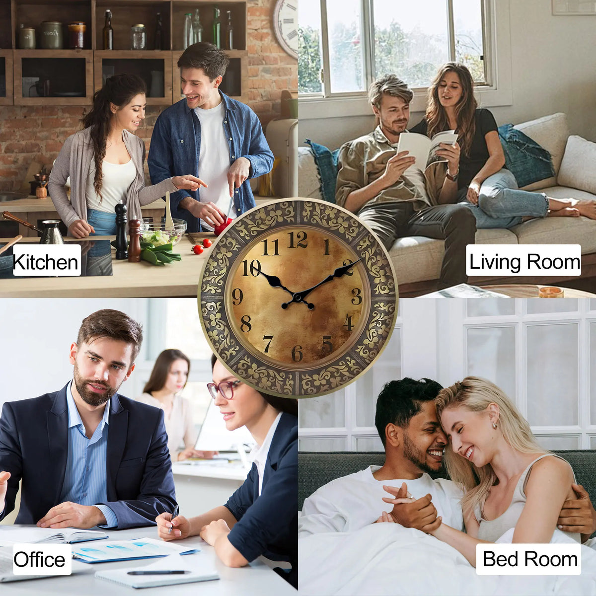 Wooden silent wall clock, antique brass pattern design, modern design, home decoration, living room dining room decoration - view 5